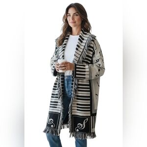 Vintage Blanket Tapestry Coat Piano Long Cardigan Jacket Music Notes Fringe Boho